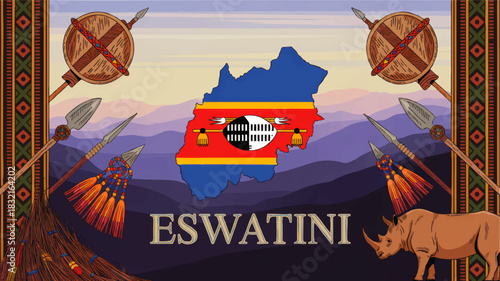 Eswatini flag map with traditional shields spears rhino and tribal border over colorful mountain landscape illustration