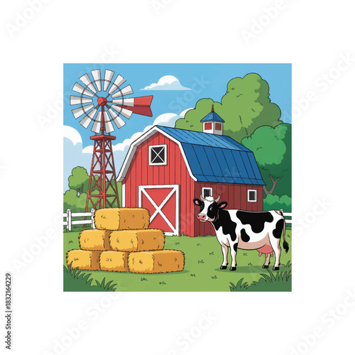 Cows grazing on meadow in the mountains. Vector illustration