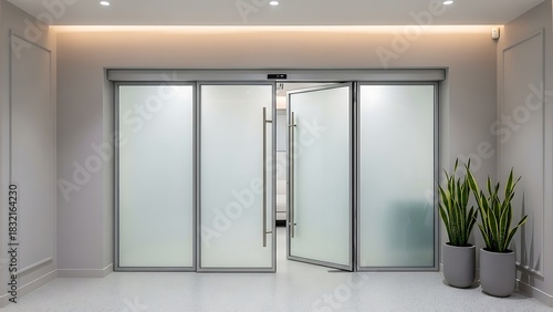 Modern frosted glass automatic doors in a contemporary office building.