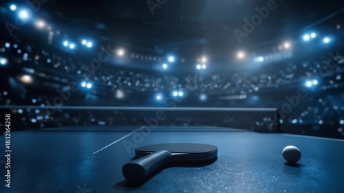 A stadium ping pong table under bright blue lights; paddle and ball rest on glossy surface. upstage