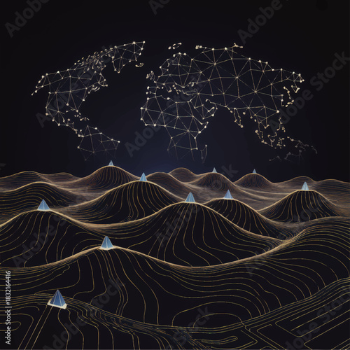 Futuristic global data network landscape with abstract topographic waves, glowing pyramids and digital world map on dark background