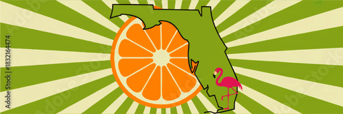 Retro Florida map illustration with orange slice and pink flamingo on green sunburst background, vibrant travel tourism artwork