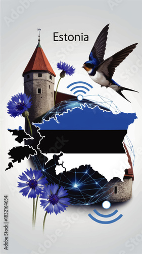 Estonia tourism and digital nation concept with flag map, Tallinn tower, barn swallow, cornflowers and blue technology network