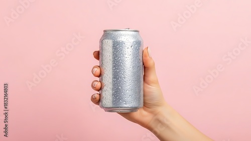 Hand holding a cold, wet aluminum can of soda on a pink background