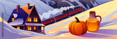 Cozy winter mountain cabin with passing red train, pumpkins and warm autumn drink at sunset, festive holiday travel illustration