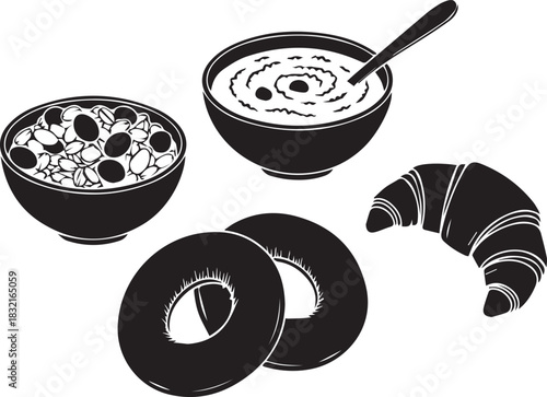 Hand drawn illustration of a healthy breakfast with oatmeal bagels and croissant