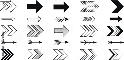 Diverse collection of hand drawn arrows pointing right in various styles
