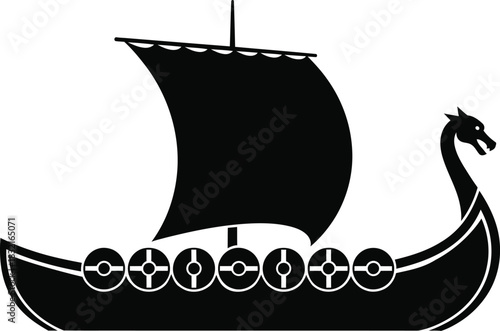 Classic Viking longship silhouette, a minimalist vector illustration with prominent sail and shields, presented in solid black on a crisp white background for high contrast design elements