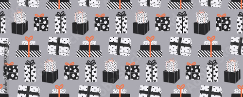 Seamless Pattern with Birthday Gift Boxes on a gray background