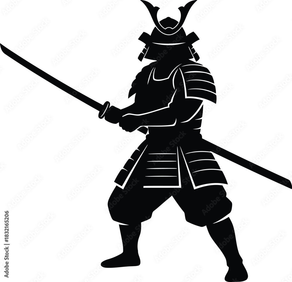 Naklejka premium Powerful black silhouette of a Japanese samurai warrior in traditional armor, holding a formidable katana sword, a striking minimalist flat vector illustration with high contrast