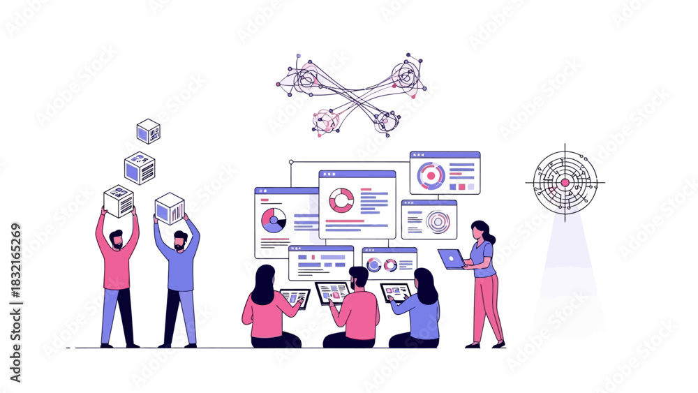 Obraz premium Digital Collaboration Matrix Futuristic Teamwork Vector Illustration