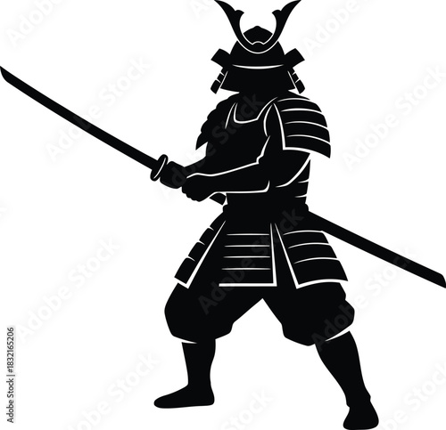 Powerful black silhouette of a Japanese samurai warrior in traditional armor, holding a formidable katana sword, a striking minimalist flat vector illustration with high contrast