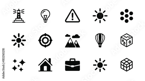 Geometric icon set.Including lighthouse, light bulb, warning triangle, circular sun, target, stars, sparkle effects, house with mountains, briefcase, gear, 3D cube pattern illustration.