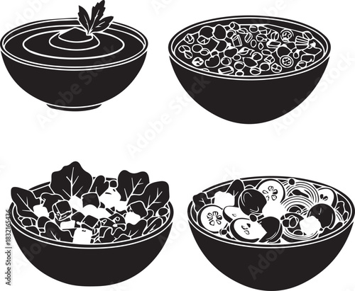 Four black and white illustrations of different healthy food bowls