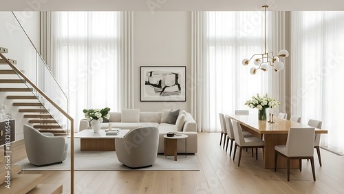 Bright and airy modern interior featuring open living and dining spaces with a neutral color