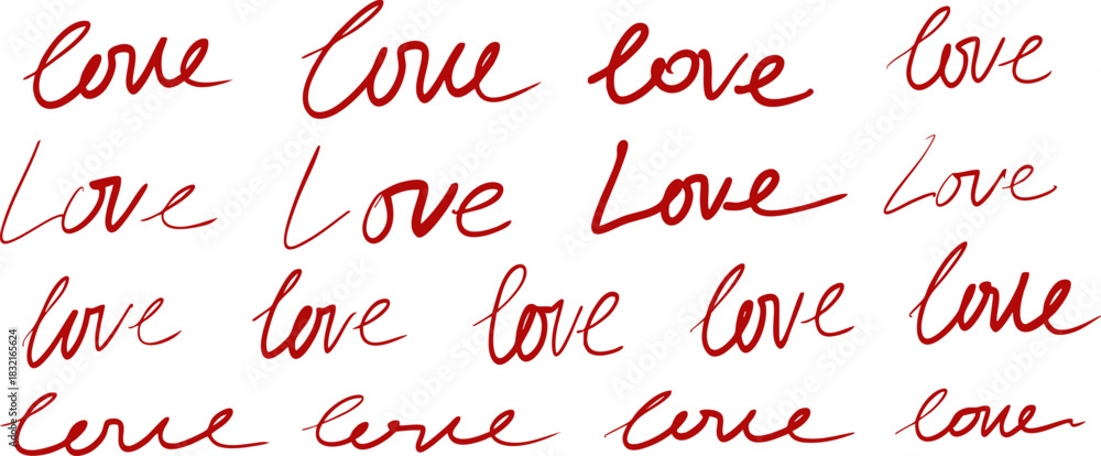 Fototapeta premium Collection of 17 handwritten “love” lettering variations in red ink. Modern romantic calligraphy set for Valentine’s Day designs, cards, stickers, prints, patterns, and typography projects