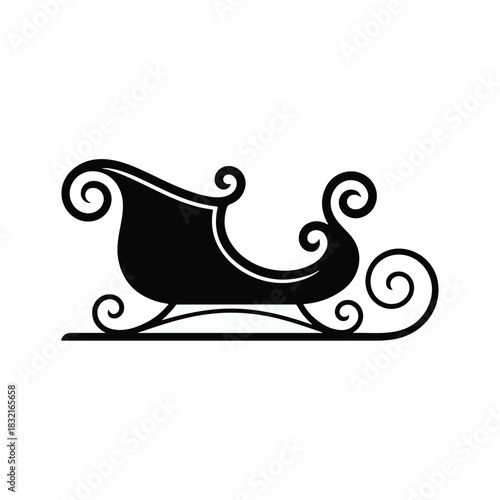High-resolution, ultra-detailed black silhouette of a classic Santa Claus sleigh, elongated and gracefully curved with intricate spiral and scrollwork embellishments on both front and rear ends.