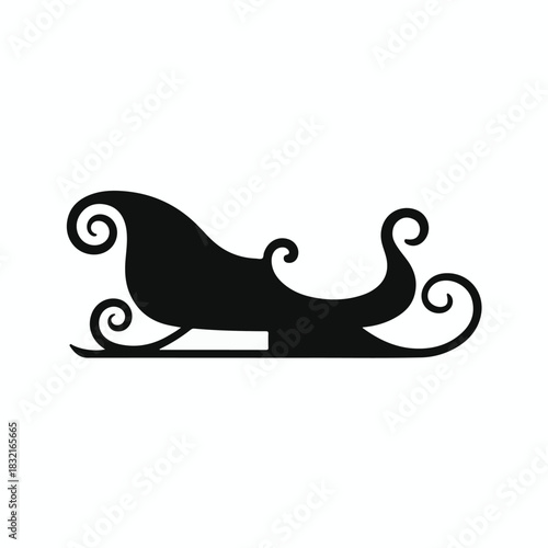 High-resolution, ultra-detailed black silhouette of a classic Santa Claus sleigh, elongated and gracefully curved with intricate spiral and scrollwork embellishments on both front and rear ends.