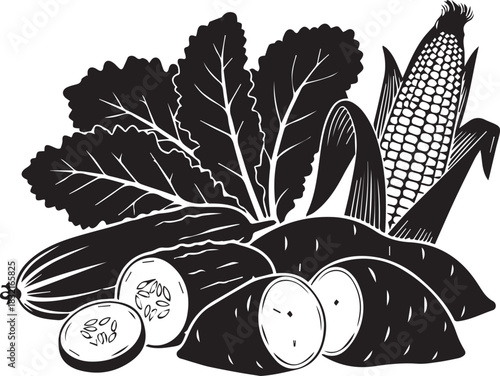 Hand drawn illustration of fresh vegetables including sweet potatoes corn and leafy greens