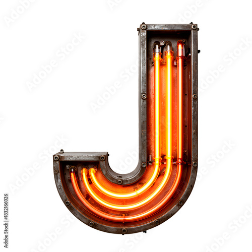 Retro Neon Letter J with Exposed Tubes and Industrial Metal Frame on Transparent Background