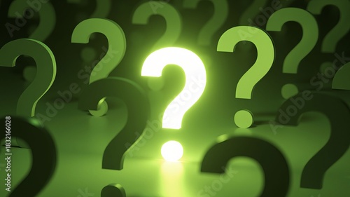 Photos Luminous green question mark standing out in a crowd of others on a reflective s