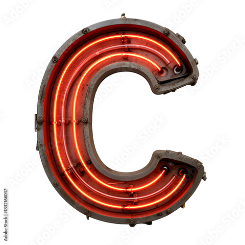 Retro Neon Letter C with Exposed Tubes and Industrial Metal Frame on Transparent Background