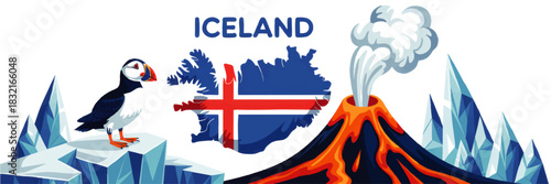 Iceland travel banner with puffin on ice, erupting volcano, Iceland map with flag, polar landscape illustration for tourism design