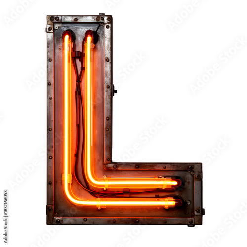 Retro Neon Letter L with Exposed Tubes and Industrial Metal Frame on Transparent Background