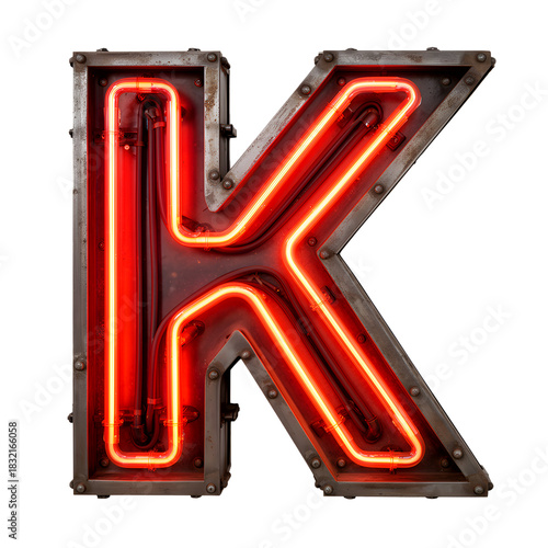 Retro Neon Letter K with Exposed Tubes and Industrial Metal Frame on Transparent Background