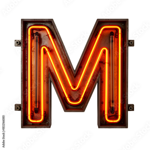Retro Neon Letter M with Exposed Tubes and Industrial Metal Frame on Transparent Background