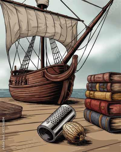 Vintage sailing ship at wooden pier with spice grater, nutmeg and antique books, hand drawn nautical history illustration