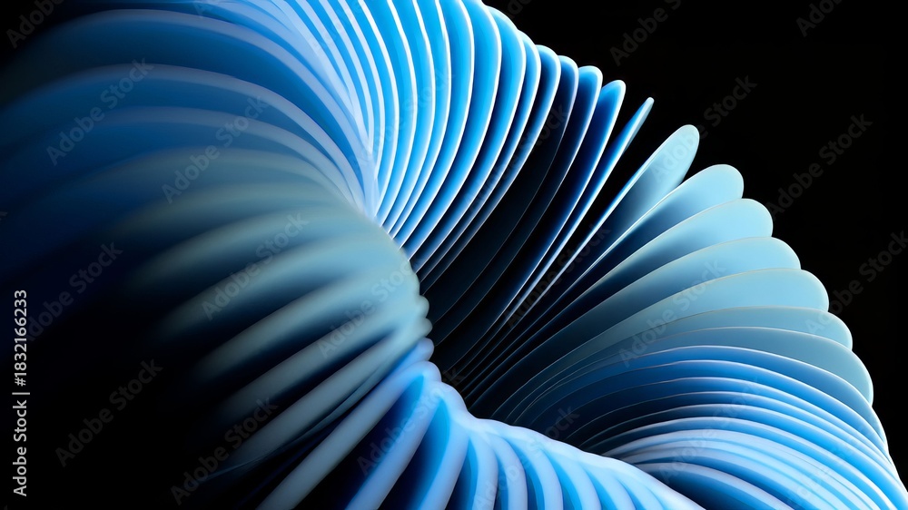 Fototapeta premium Elegant blue abstract circular shape with smooth wavy layers moving hypnotically against a solid black background, creating a serene and captivating seamless loop for presentations and visuals
