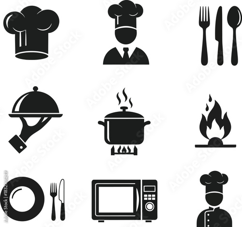 Cooking Icon Set – Chef Hat, Food Tray, Pot, Frying Pan, and Kitchen Utensil Silhouettes