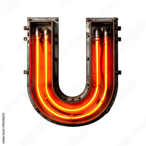 Retro Neon Letter U with Exposed Tubes and Industrial Metal Frame on Transparent Background