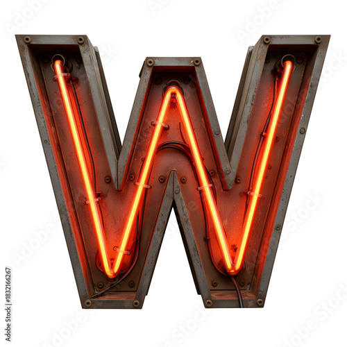 Retro Neon Letter W with Exposed Tubes and Industrial Metal Frame on Transparent Background
