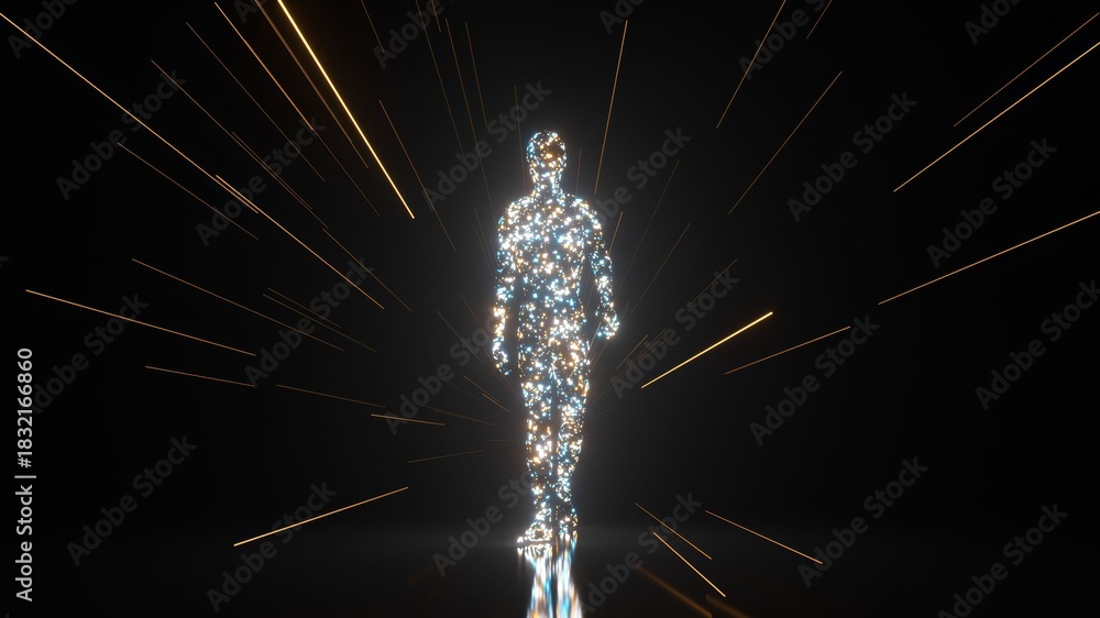 Fototapeta premium Humanoid figure made of sparkling diamonds materializing and walking toward the camera through a futuristic tunnel of light, representing concepts of creation, ai, and digital reality