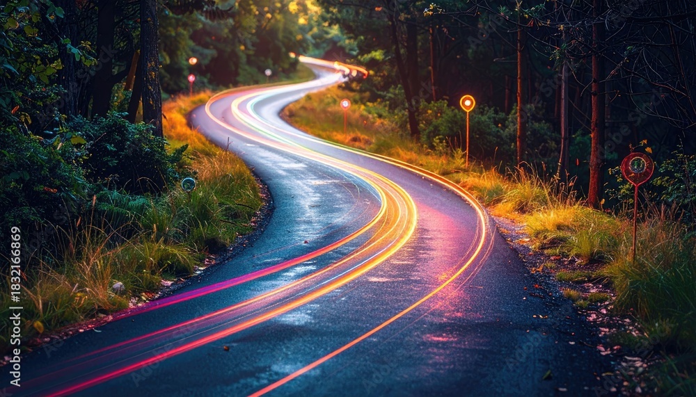 Fototapeta premium Winding Forest Road at Night with Streaks of Light from Passing Cars Showing a Sense of Movement and Speed Amidst Dark Trees and Dappled Bokeh Lights