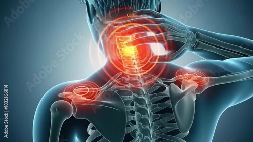 3D medical visualization highlighting neck and shoulder pain around the cervical spine anatomy — AI generated video