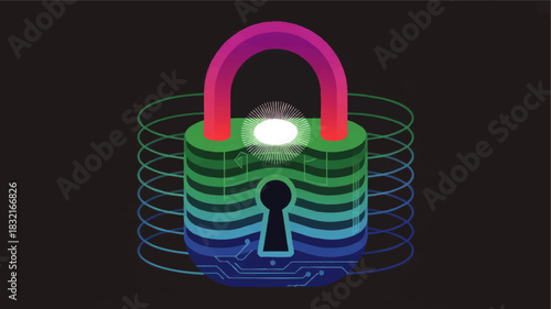 Cybersecurity data protection concept with colorful gradient padlock, digital encryption layers and glowing technology lock on black background
