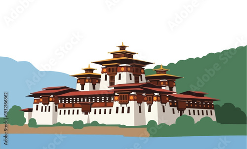 Punakha Dzong in Bhutan Vector Graphic Illustration