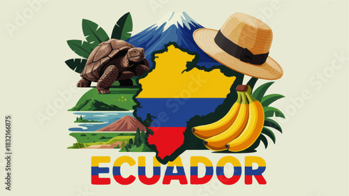 Colorful Ecuador travel illustration with map flag, Galapagos tortoise, Andean volcano, bananas and Panama hat design