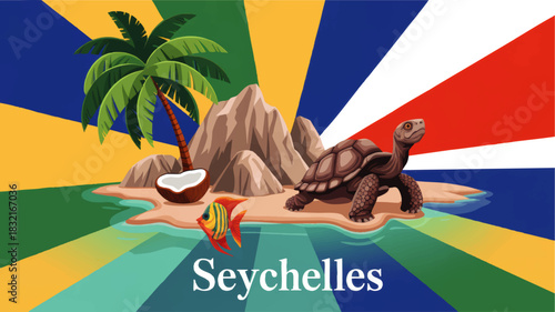 Colorful Seychelles island illustration with giant tortoise, palm tree, tropical fish and flag inspired rays for travel design