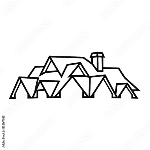 Simple black and white line drawing of a house with a chimney