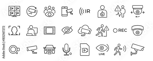 Surveillance monitoring line icon set. Vector pictograms of cctv, dome, detection, remote access, alert, intrusion warning, security, guard, thin linear illustration.