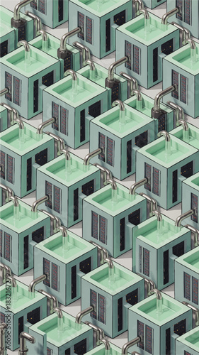 Seamless isometric pattern of liquid cooled data servers, futuristic teal mining farm, high tech immersion cooling background