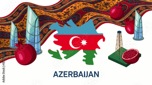 Azerbaijan culture illustration with map flag, Baku Flame Towers, traditional carpet, pomegranate fruit and oil industry icons