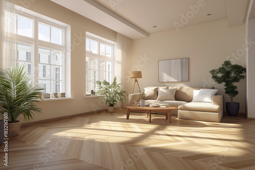 Modern living room with sunlight reflecting on herringbone wooden floor, minimalist furniture in the background