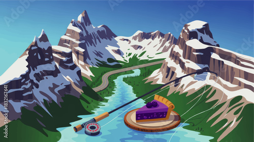 Scenic alpine river with fly fishing rod and blueberry pie slice in vibrant cartoon mountain landscape illustration