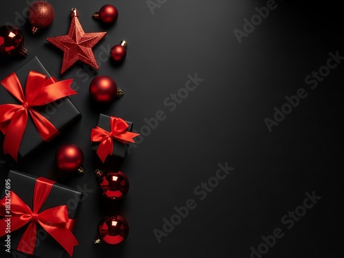 A stylish Christmas composition featuring black gift boxes wrapped with bright red ribbons, surrounded by red ornaments and decorative elements on a dark background.