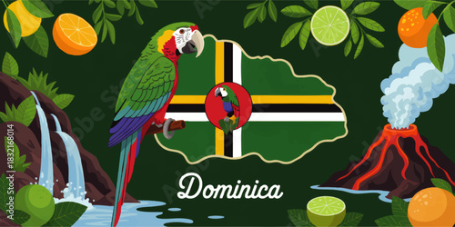 Colorful Dominica travel illustration with parrot, island flag, tropical fruit, waterfall and volcanic landscape on green background